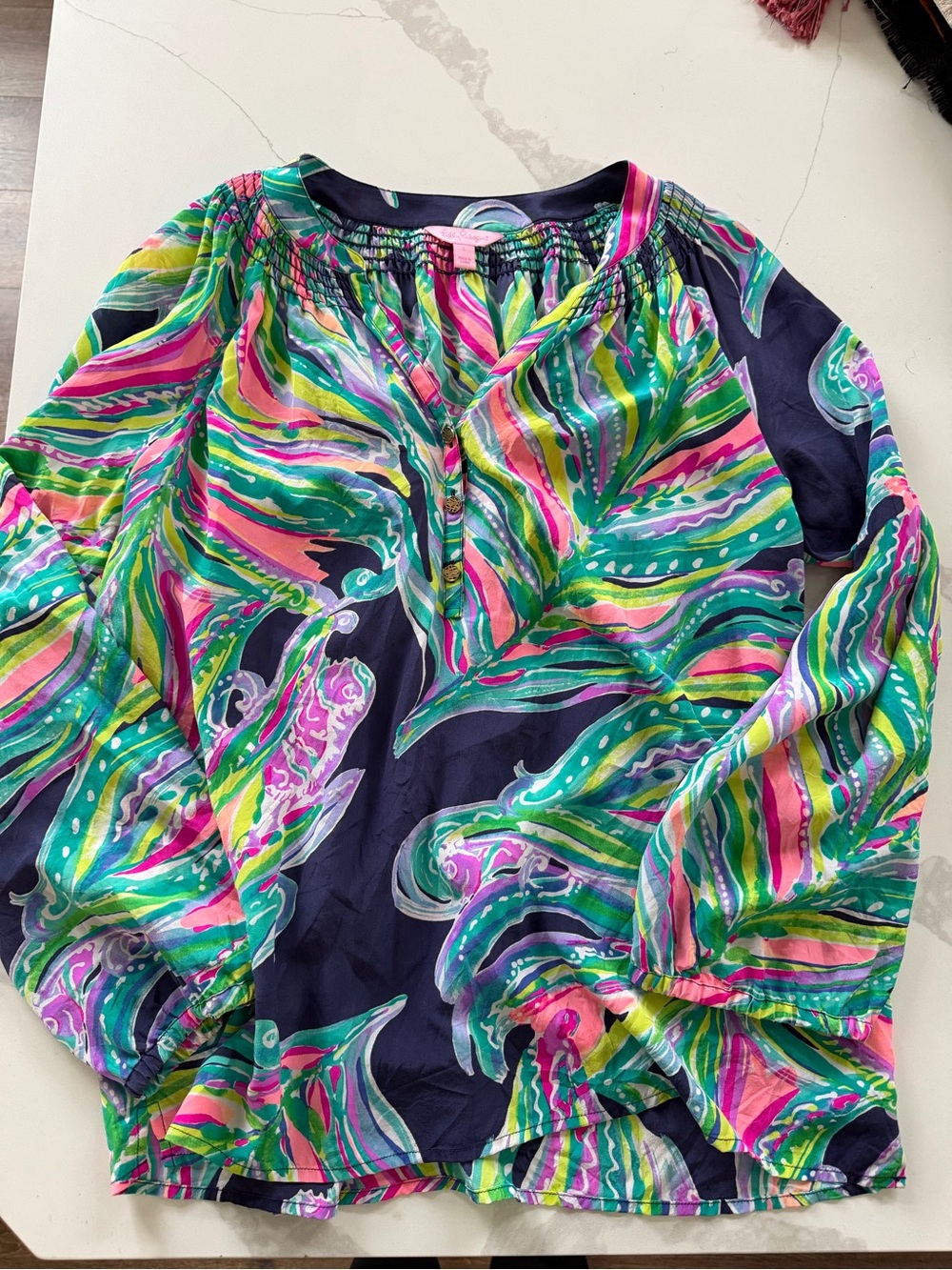 Lilly Pulitzer Elsa Silk Blouse Tropical Floral Print Blue Pink Green L